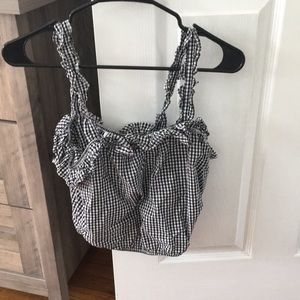 AMERICAN EAGLE Black & White Plaid Ruffle Crop Top S